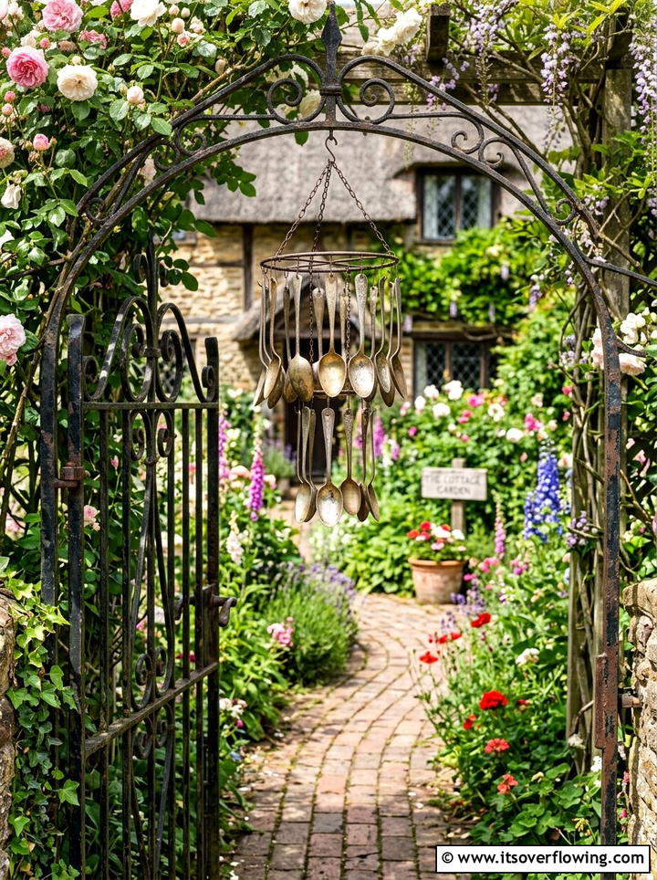 Antique Spoon Wind Chimes On Fence - 25 garden decor ideas with wind chimes