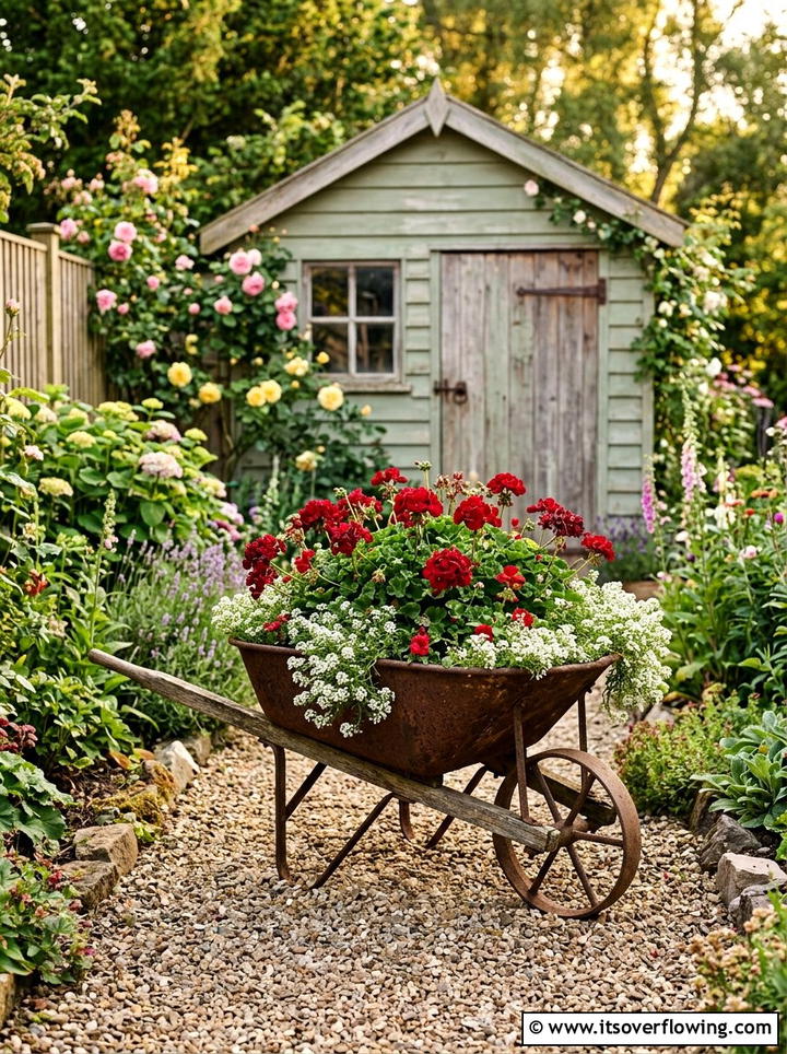 Antique Wheelbarrow Floral Display - 25 reusing old things ideas for yard art