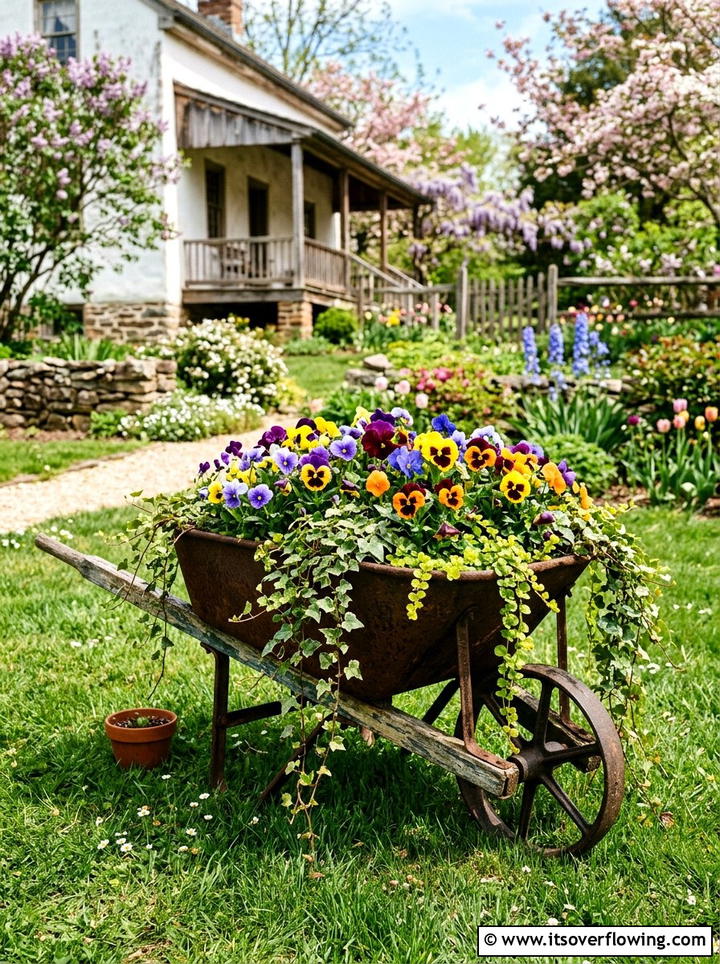 Antique Wheelbarrow Planter - 25 garden decor ideas with spring decor