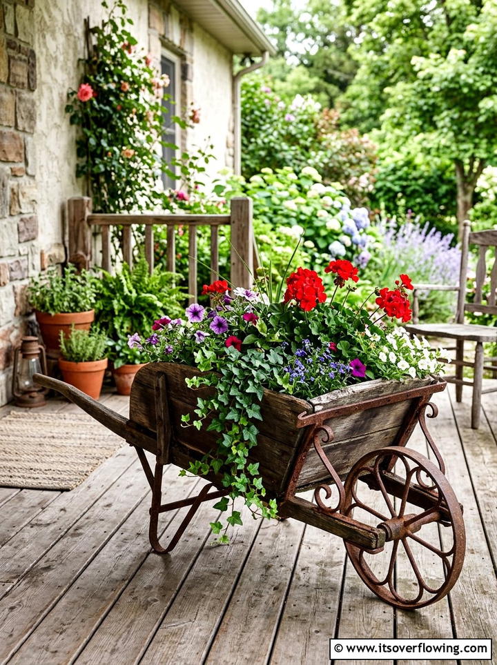 Antique Wheelbarrows for Flowers - 25 front porch ideas with antique pieces