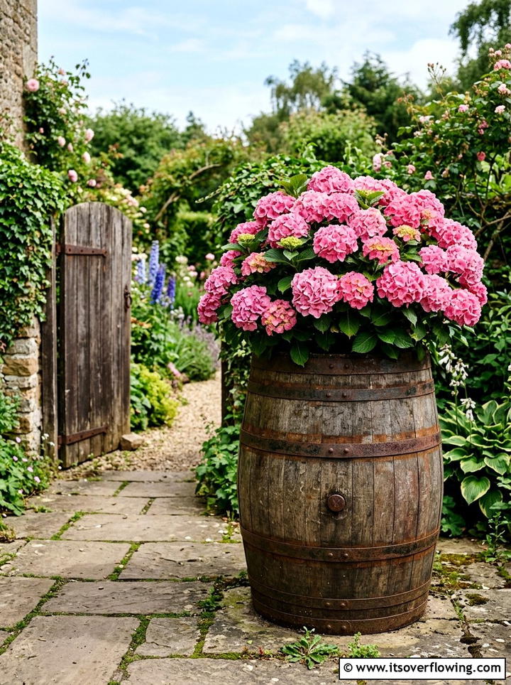 Antique Wooden Barrel Planter - 25 upcycled garden ideas with cottage style