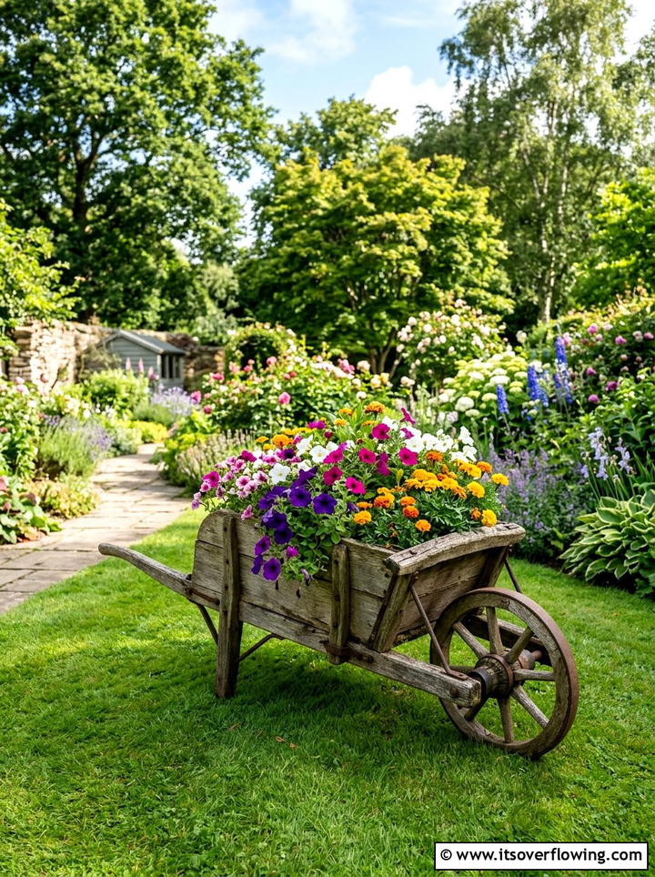 Antique Wooden Wheelbarrow - 25 creative garden ideas with rustic charm