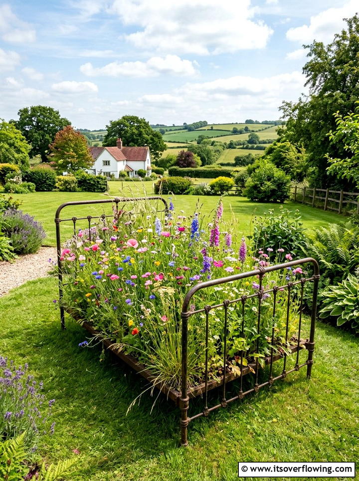 Antique bed frame flower bed - 25 upcycled garden ideas with farmhouse style