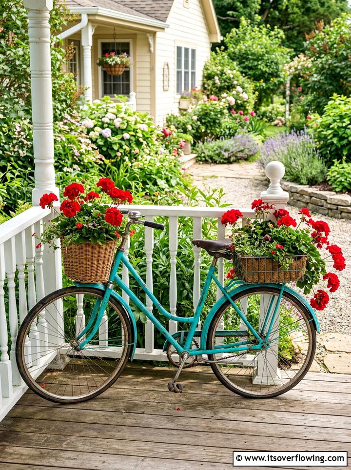 Antique bicycle flower display - 25 front porch ideas with repurposed furniture