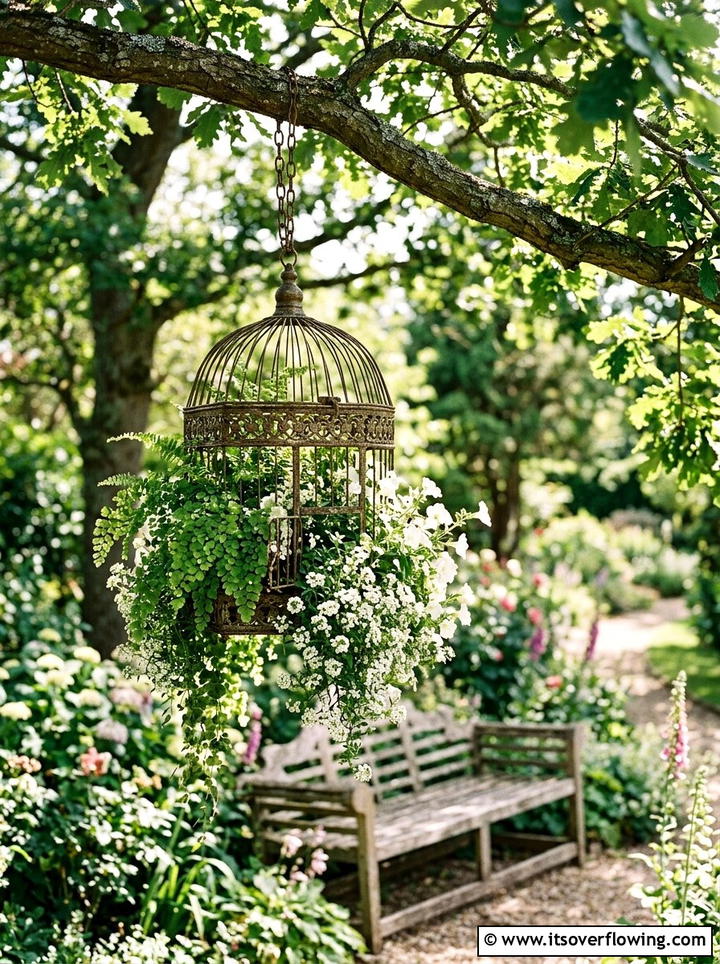 Antique birdcage hanging planter - 25 reusing old things ideas for boho garden look