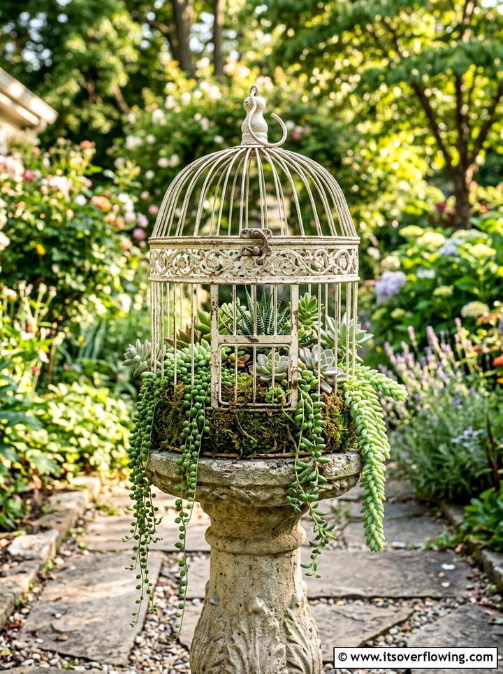 Antique birdcage succulent display - 25 reusing old things ideas for succulent garden