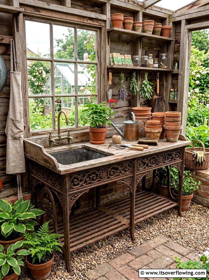 Antique cast iron sink potting bench - 25 upcycled garden ideas with old sinks