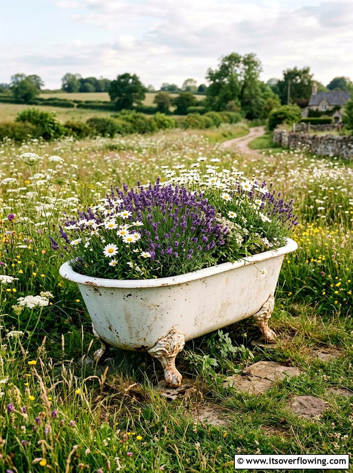 Antique clawfoot bathtub - 25 garden decor ideas with floral displays