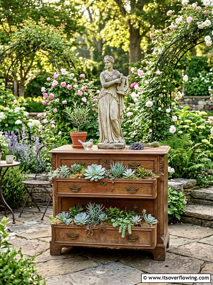 Antique dresser garden accent - 25 upcycled garden ideas with old dressers