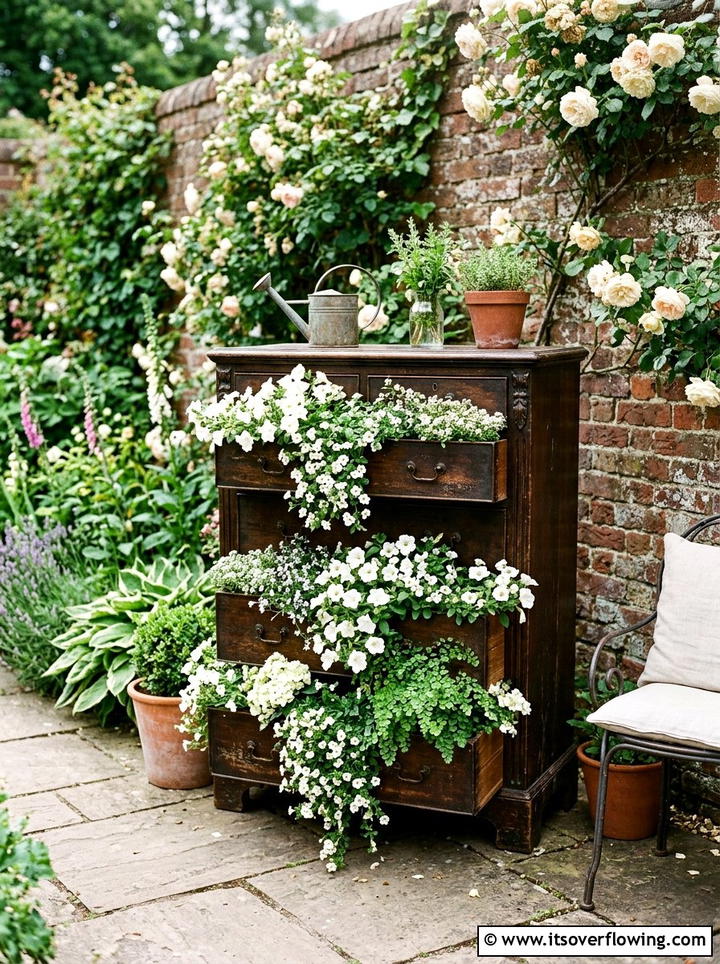 Antique dresser garden display - 25 creative garden ideas with unusual planters