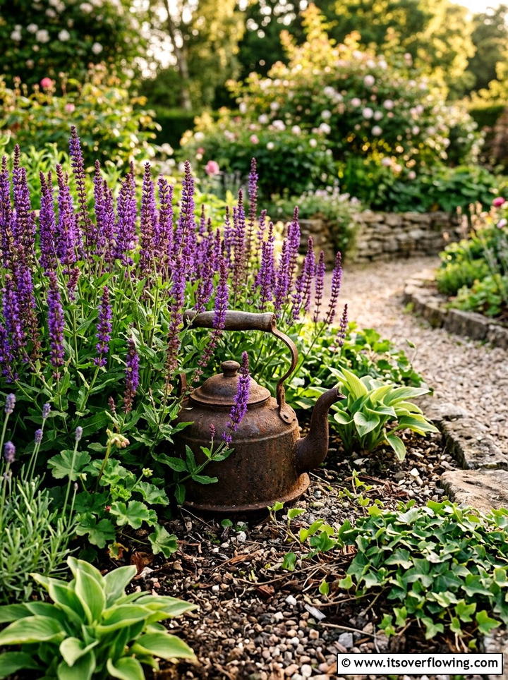 Antique kettle flower bed accent - 25 upcycled garden ideas with old kettles