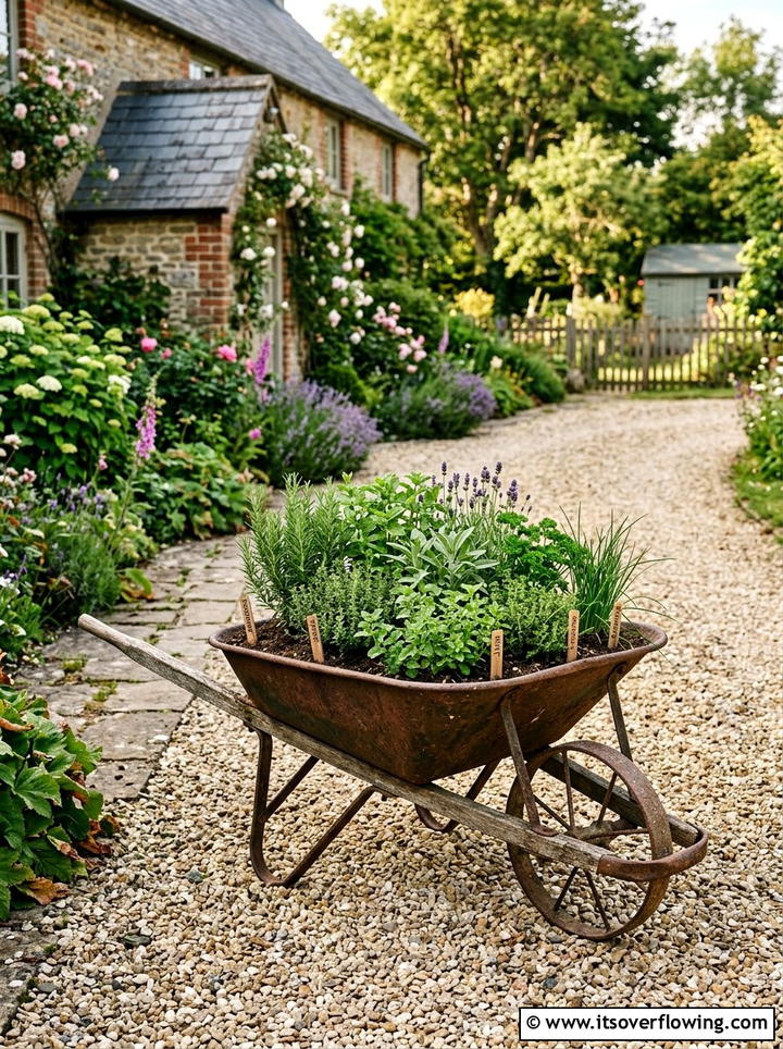Antique metal wheelbarrow garden - 25 upcycled garden ideas with watering stations