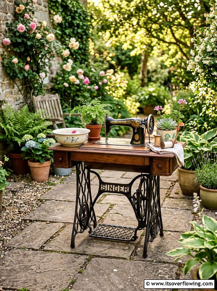 Antique sewing machine table - 25 upcycled garden ideas with watering stations