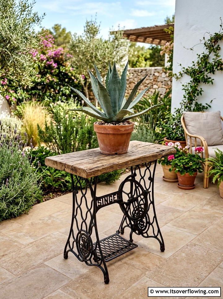 Antique sewing machine table - 25 reusing old things ideas for modern garden look