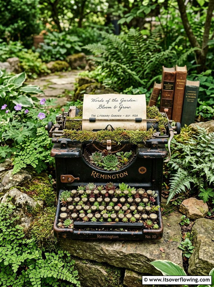 Antique typewriter garden display - 25 garden decor ideas with antique finds