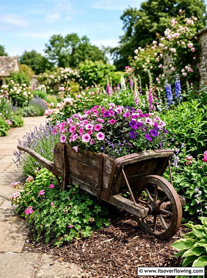 Antique wheelbarrow planter - 25 backyard decorating ideas with rustic accents