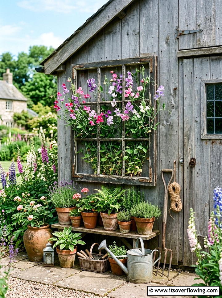 Antique window frame trellis - 25 upcycled garden ideas with farmhouse style