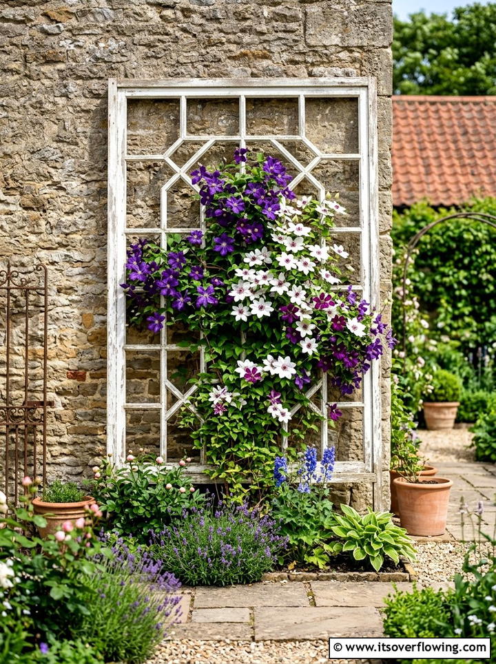 Antique window trellis - 25 upcycled garden ideas on a budget
