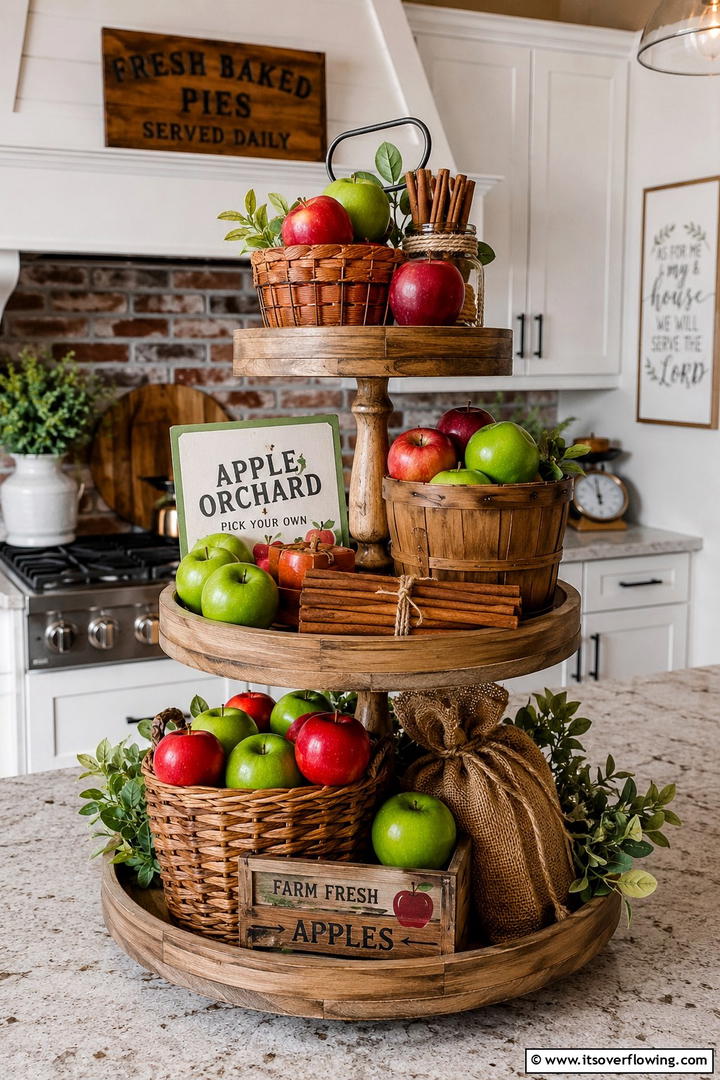 Apple Orchard Display - 50 Fall Tiered Tray Decor Ideas for Festive Shelves