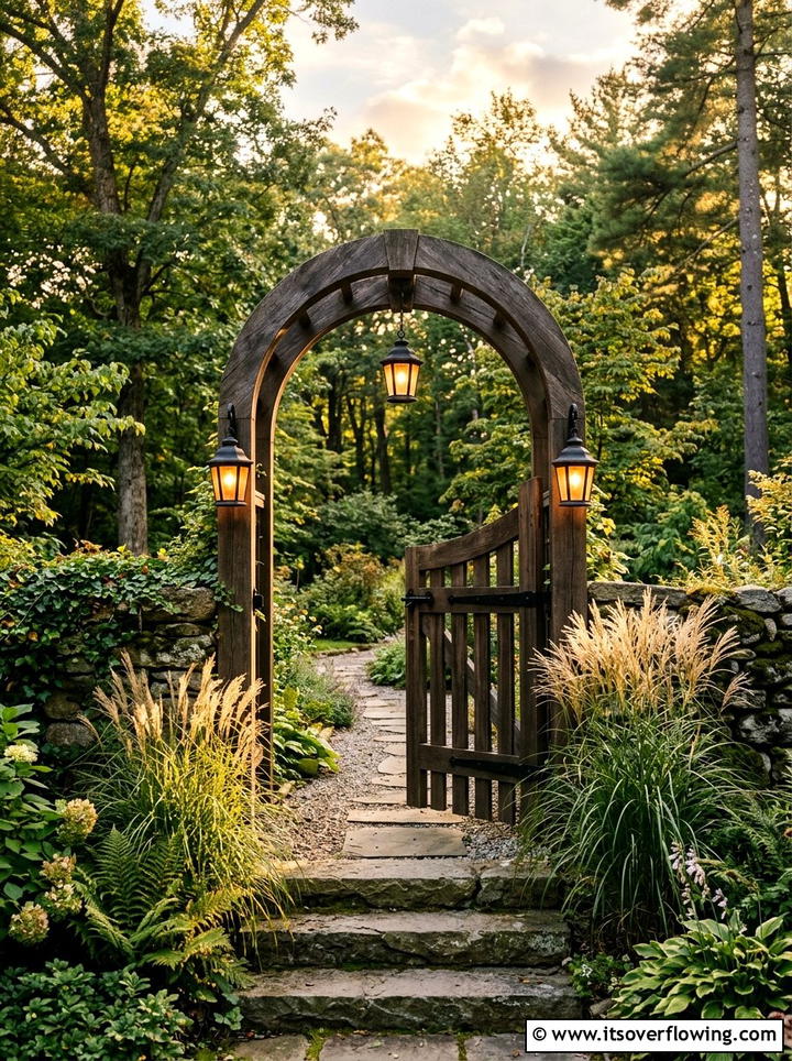 Arched garden gate with hanging lanterns - 25 garden decor ideas with gate decorations