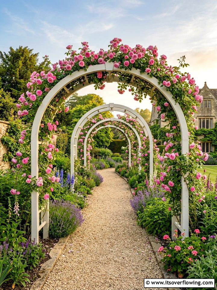 Arched trellis path with climbing roses - 25 creative garden ideas with secret pathways
