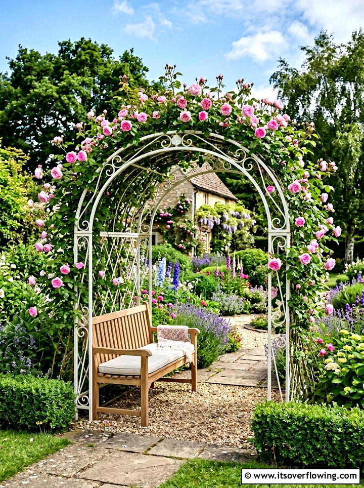 Arched trellis seat - 25 small garden ideas with reading nook