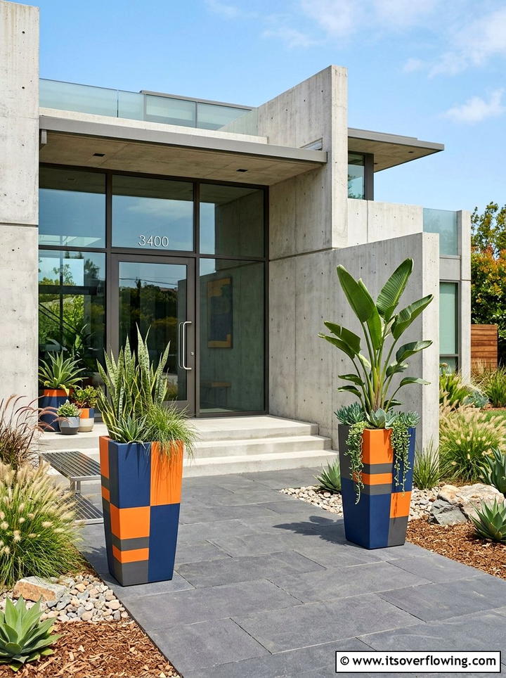 Architectural landscaping with color block pots - 25 creative garden ideas with painted planters