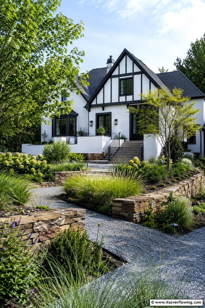 Artful Landscape Integration - 30 Modern Tudor Exterior Ideas for Timeless Curb Appeal
