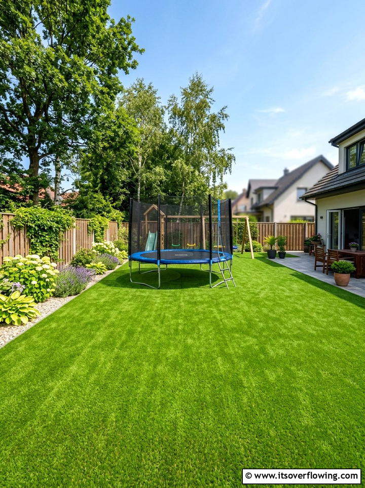 Artificial Grass Backyard With Play Zone - 25 backyard ideas with trampoline zone