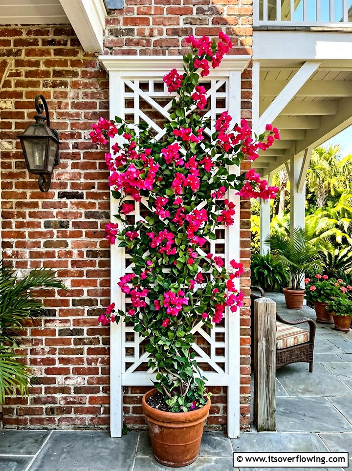 Artificial bougainvillea trellis - 25 front porch ideas with faux plants