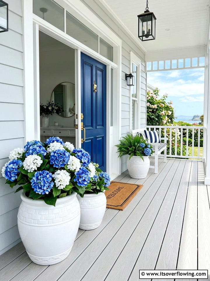 Artificial hydrangea planters - 25 front porch ideas with faux plants