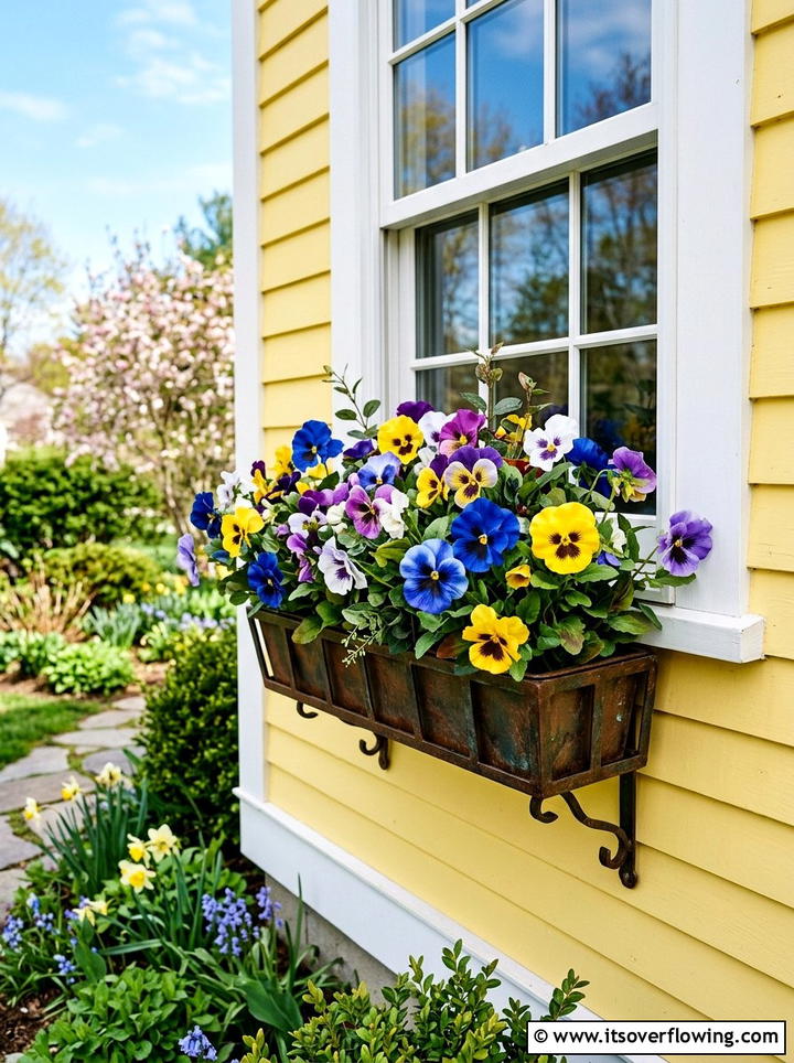 Artificial pansy window boxes - 25 front porch ideas with faux plants