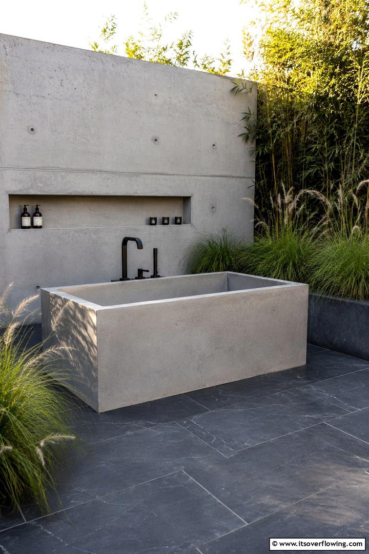Artisan Concrete Haven - 30 Serene Outdoor Bathtub Ideas for a Backyard Oasis