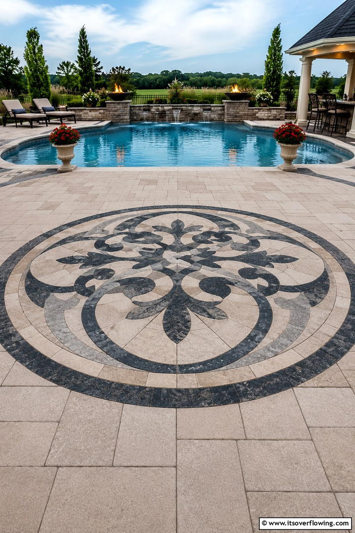 Artistic Inlay Accents - 30 Pavers Around Pool Ideas for a Sleek and Safe Design
