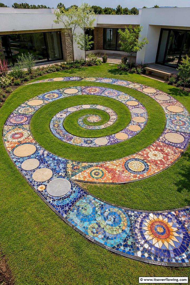 Artistic Mosaic Spiral - 30 Spiral Garden Design Ideas for Unique Outdoor Layouts