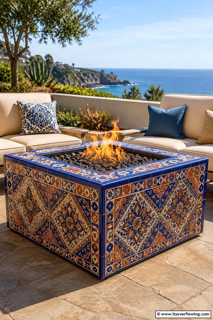 Artistic Mosaic Tile Square Fire Pit - 30 Square Fire Pit Ideas for Modern Outdoor Gathering Spaces
