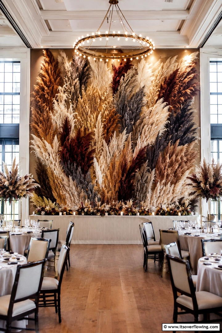 Artistic Pampas Accent Walls - 30 Pampas Grass Wedding Decor Ideas for Boho Chic Vibes