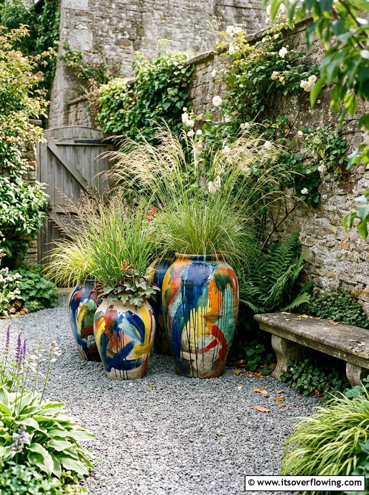 Artistic garden corner with abstract containers - 25 creative garden ideas with painted planters