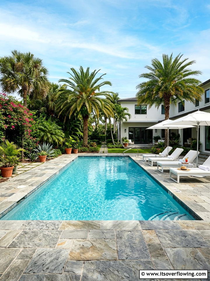 Ashlar Slate Pool Deck - 25 backyard ideas with stamped concrete