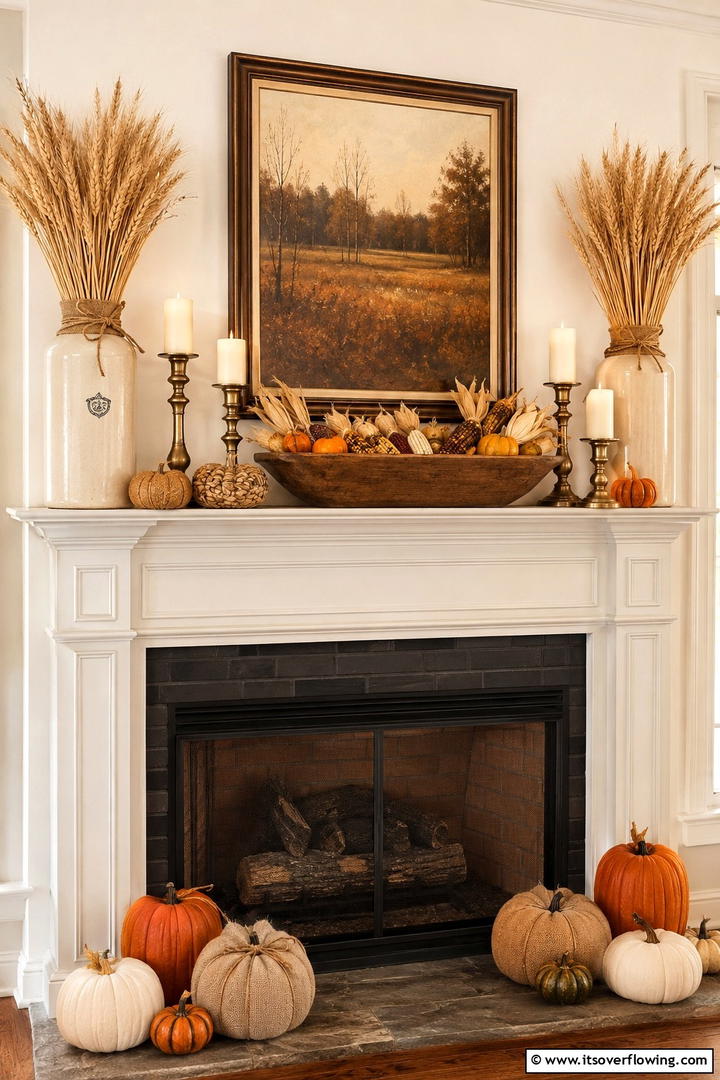 Autumn Harvest Mantel with Wheat Bundles - 50 Fall Mantel Decor Ideas for Cozy Spaces This Season