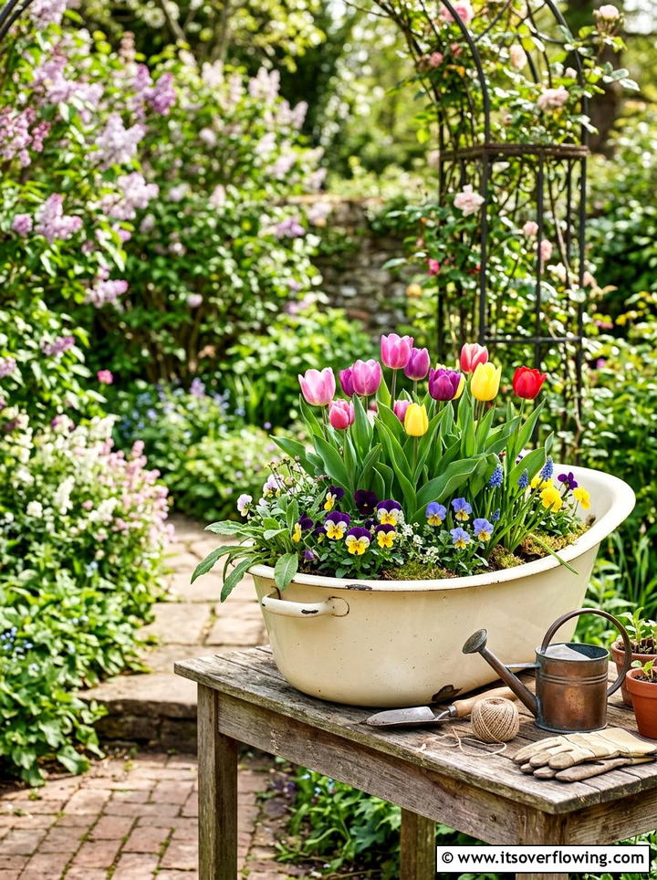 Baby bathtub planter - 25 upcycled garden ideas with old tubs