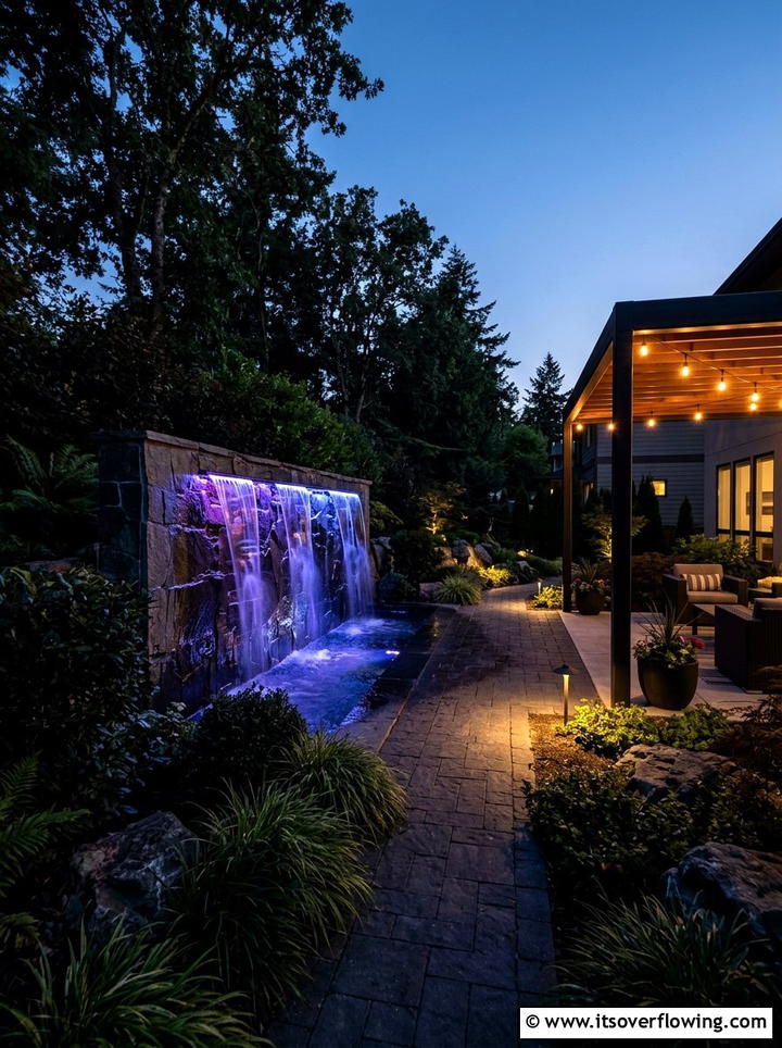Backlit fountain wall - 25 creative garden ideas with fountain wall