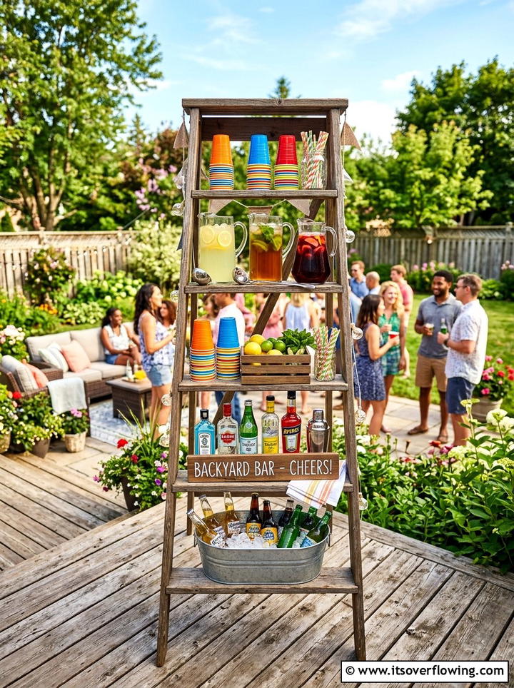 Backyard Bar Ladder Shelf - 25 backyard decorating ideas with vintage ladders