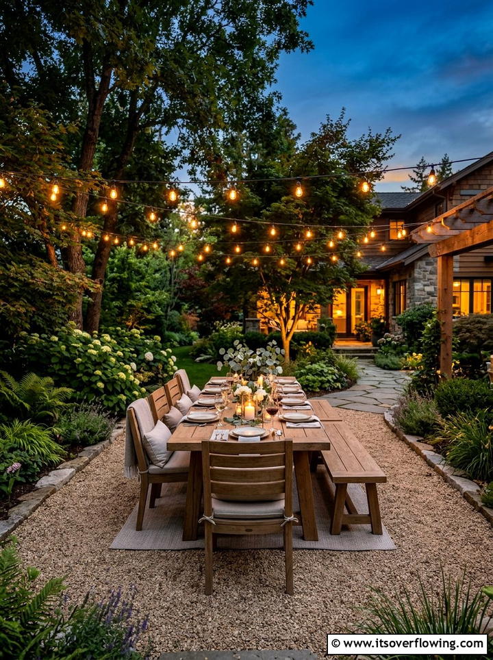 Backyard Dining Space With Fine Gravel - 25 cheap garden ideas with gravel