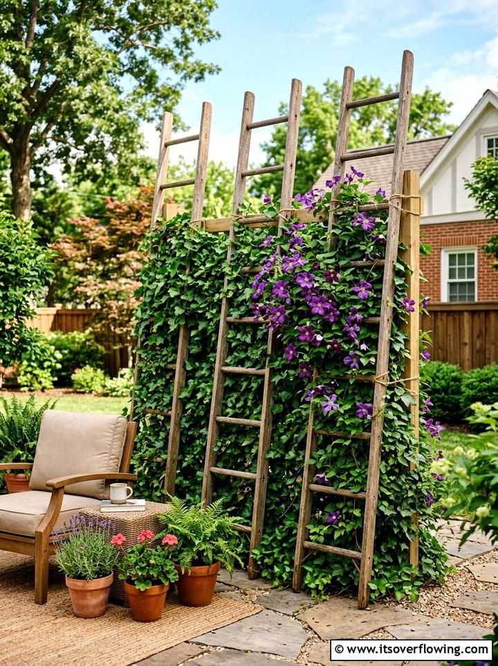 Backyard Privacy Ladder Screen - 25 garden ideas with old ladders