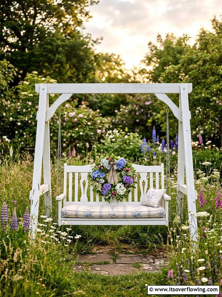 Backyard Swing Wreath - 25 garden decor ideas with seasonal wreaths