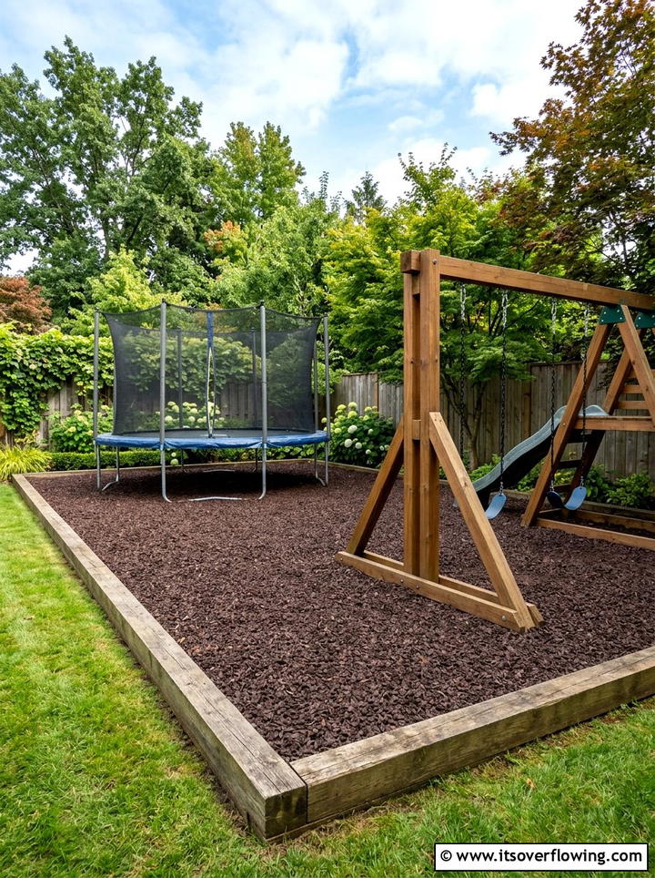 Backyard With Rubber Mulch Ground Cover - 25 backyard ideas with trampoline zone