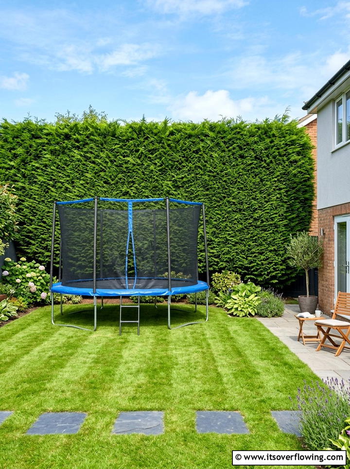 Backyard With Safety Netting And Privacy Hedge - 25 backyard ideas with trampoline zone