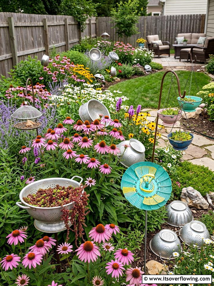 Backyard colander decor - 25 upcycled garden ideas with old colanders