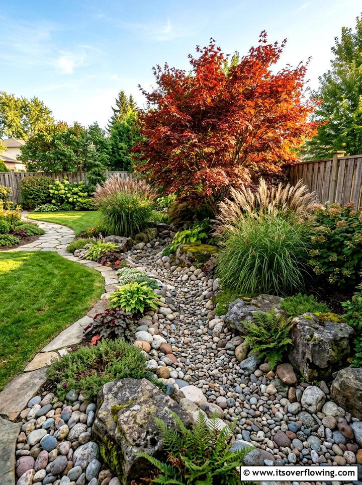 Backyard corner rock feature - 25 garden design ideas with dry creek beds